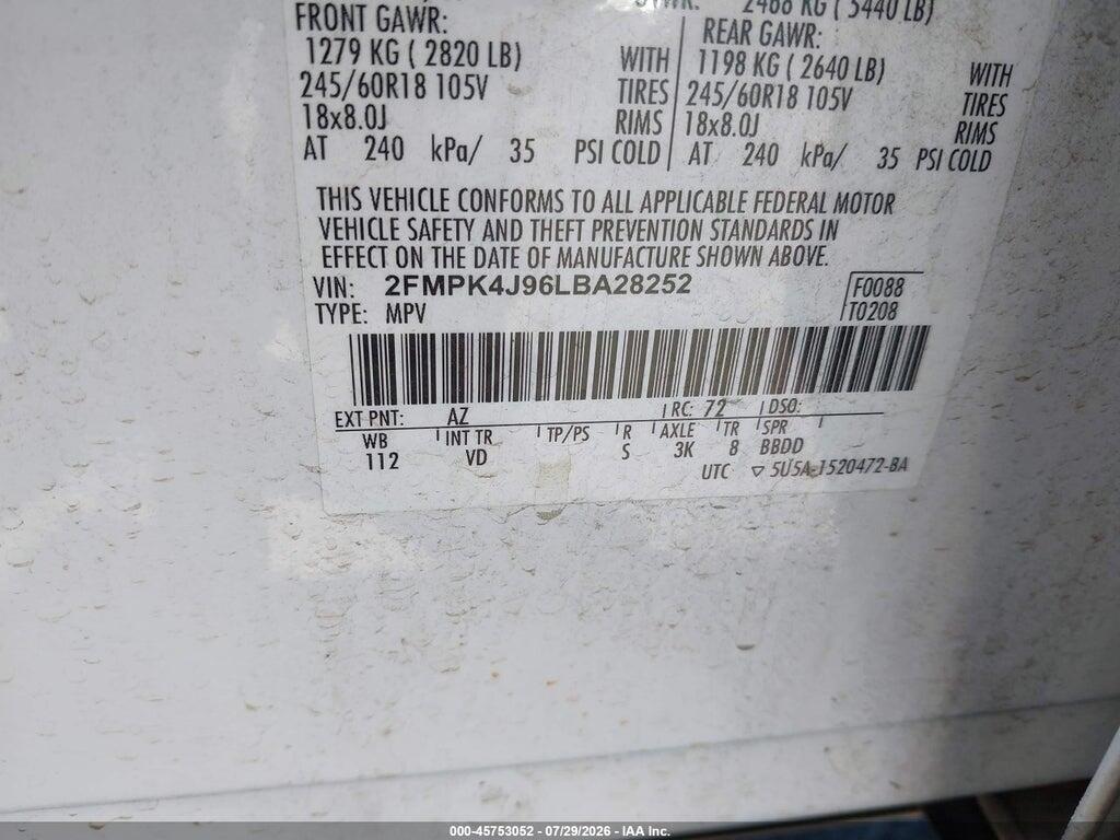 2FMPK4J96LBA28252 2020 FORD EDGE photo no. 9
