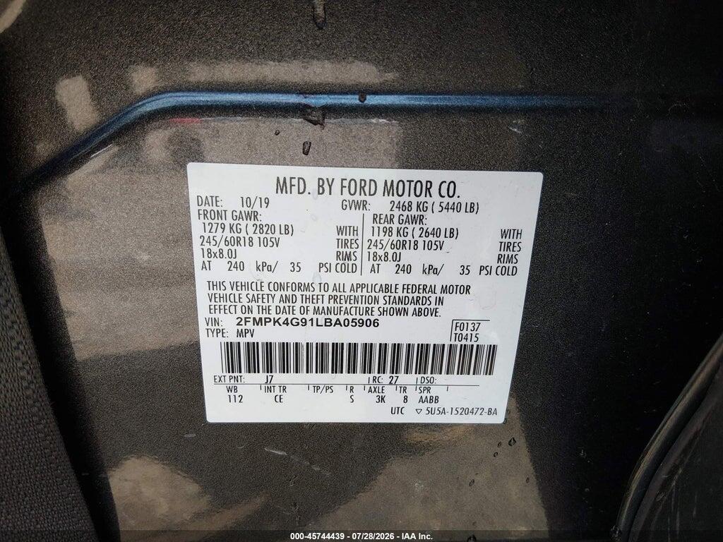 2FMPK4G91LBA05906 2020 FORD EDGE photo no. 9