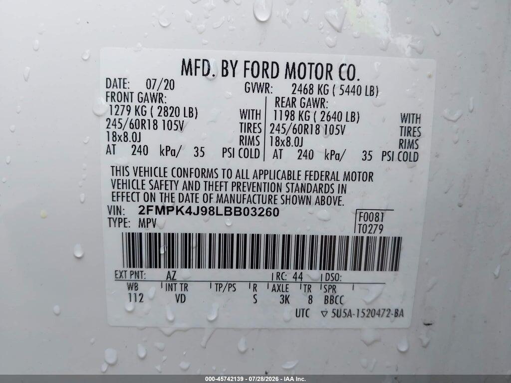 2FMPK4J98LBB03260 2020 FORD EDGE photo no. 9