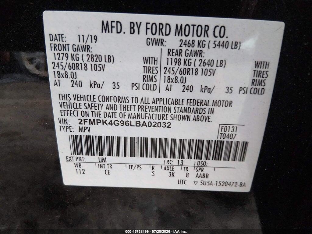 2FMPK4G96LBA02032 2020 FORD EDGE photo no. 9