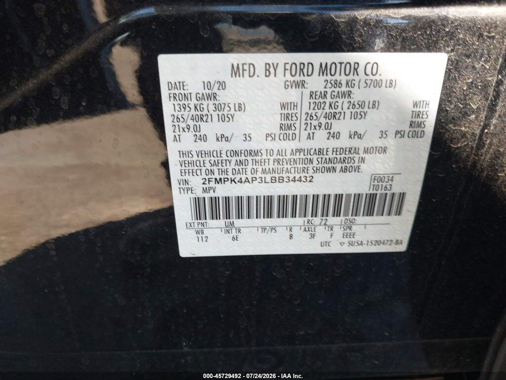 2FMPK4AP3LBB34432 2020 FORD EDGE photo no. 9