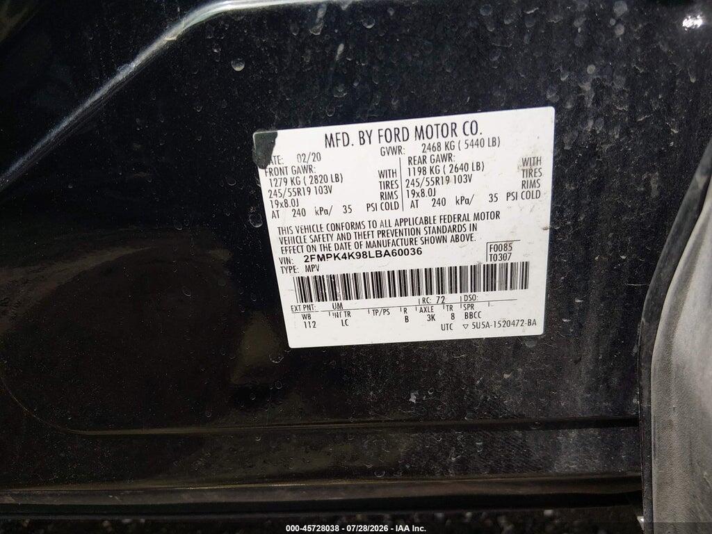 2FMPK4K98LBA60036 2020 FORD EDGE photo no. 9