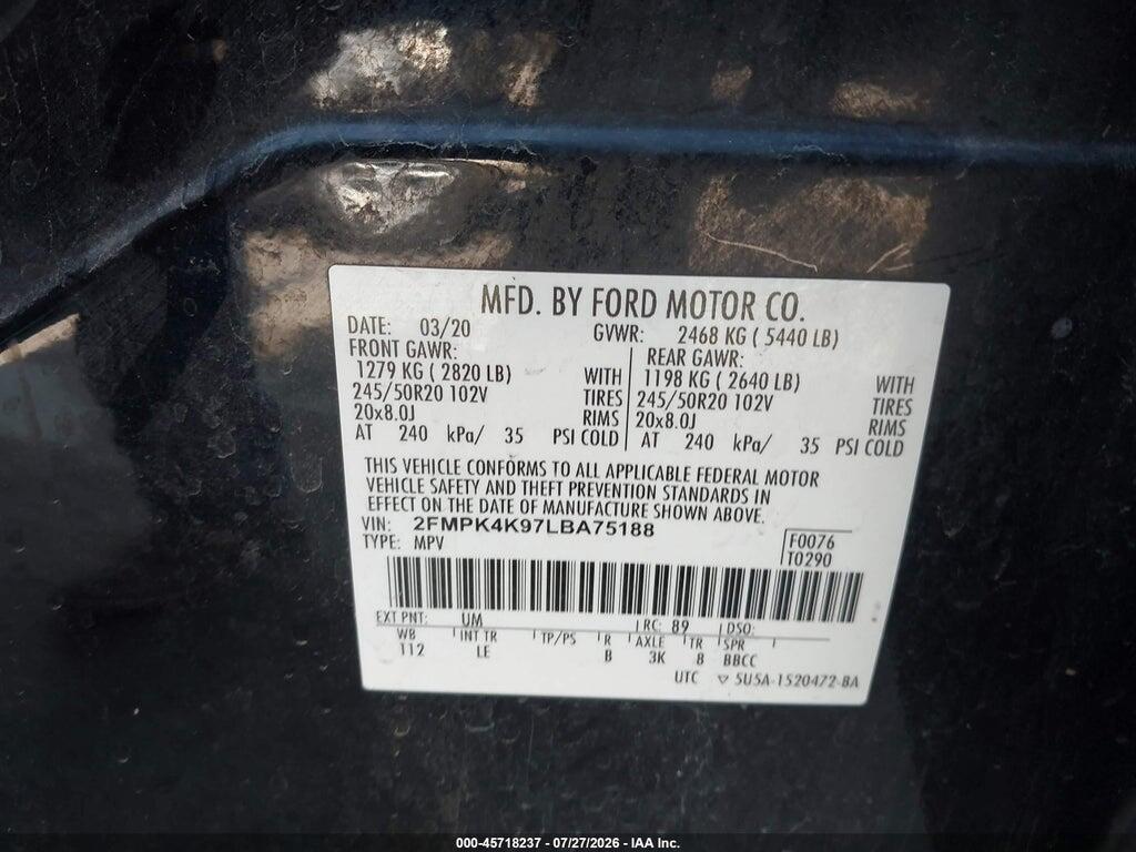 2FMPK4K97LBA75188 2020 FORD EDGE photo no. 9
