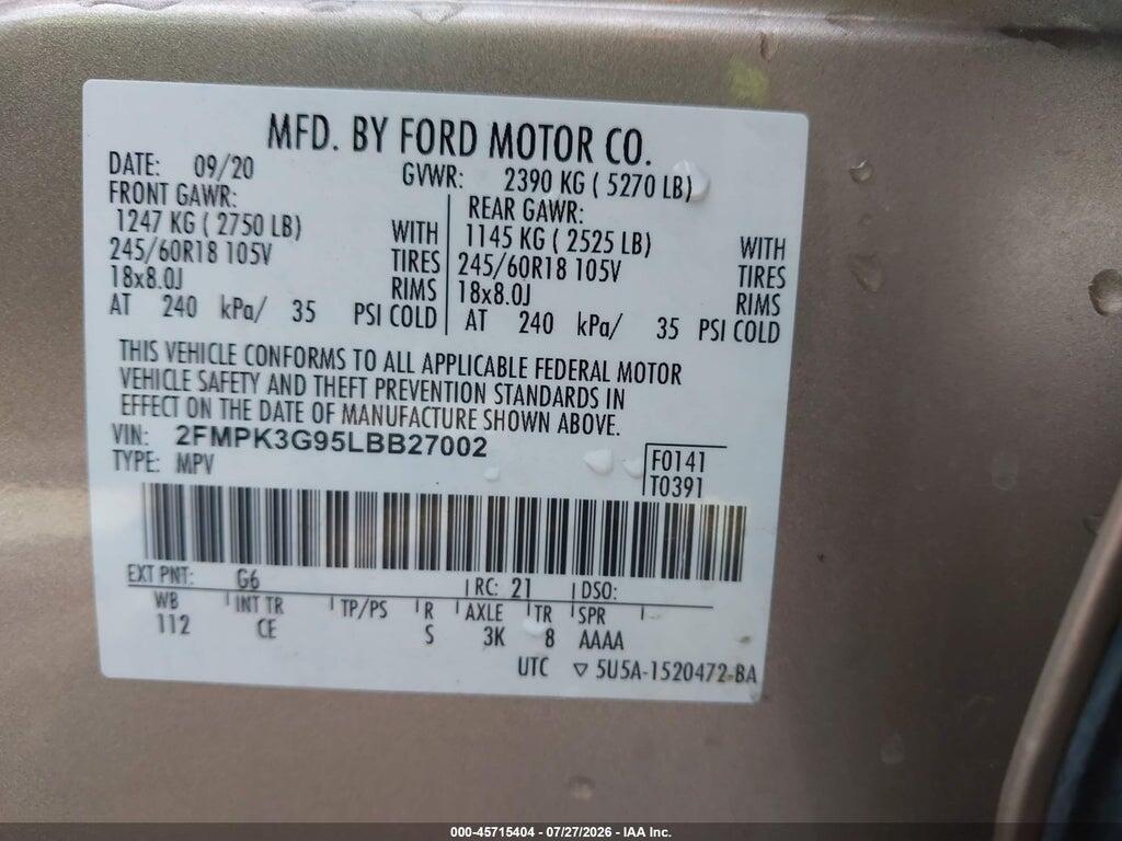 2FMPK3G95LBB27002 2020 FORD EDGE photo no. 9