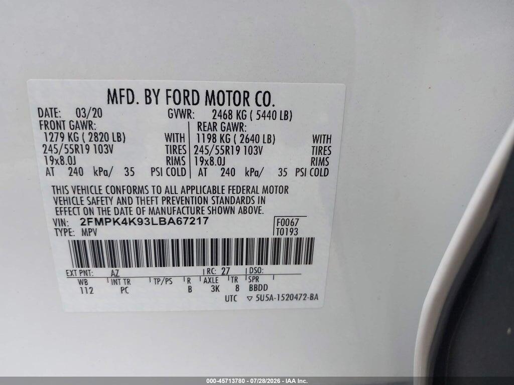 2FMPK4K93LBA67217 2020 FORD EDGE photo no. 9