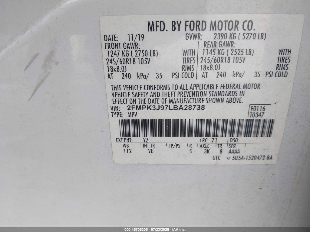 2FMPK3J97LBA28738 2020 FORD EDGE photo no. 9