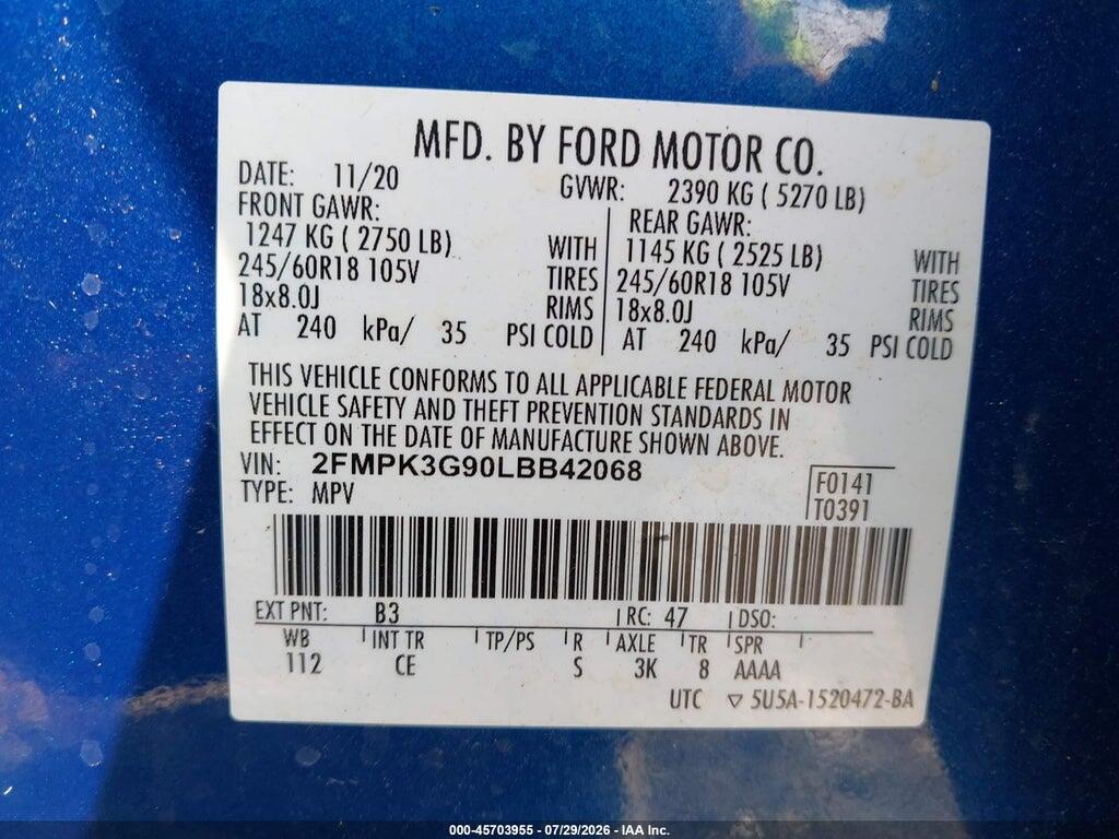 2FMPK3G90LBB42068 2020 FORD EDGE photo no. 9
