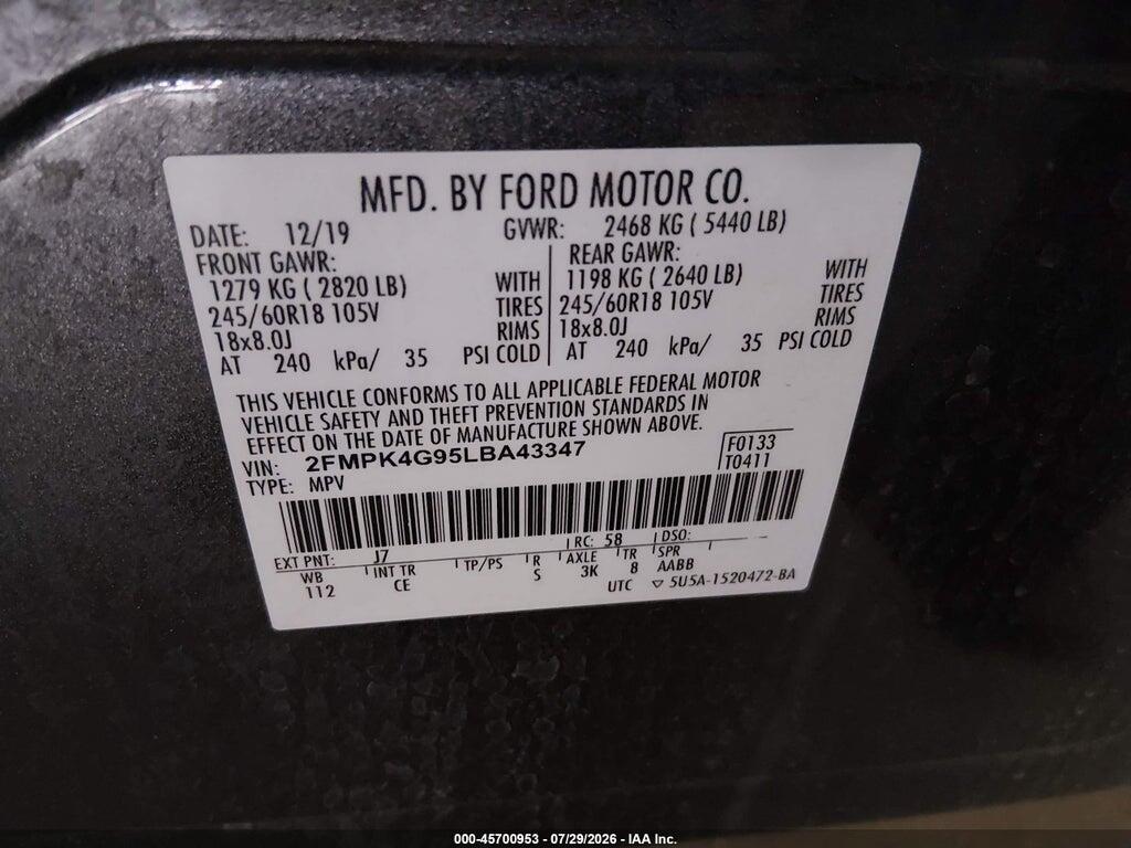 2FMPK4G95LBA43347 2020 FORD EDGE photo no. 9