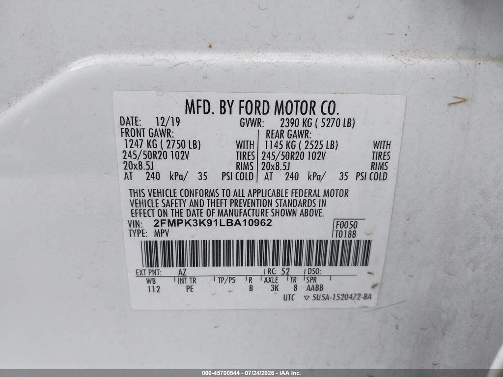 2FMPK3K91LBA10962 2020 FORD EDGE photo no. 9