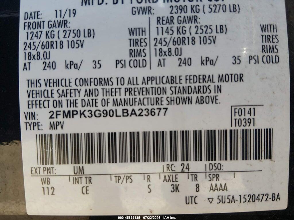2FMPK3G90LBA23677 2020 FORD EDGE photo no. 9