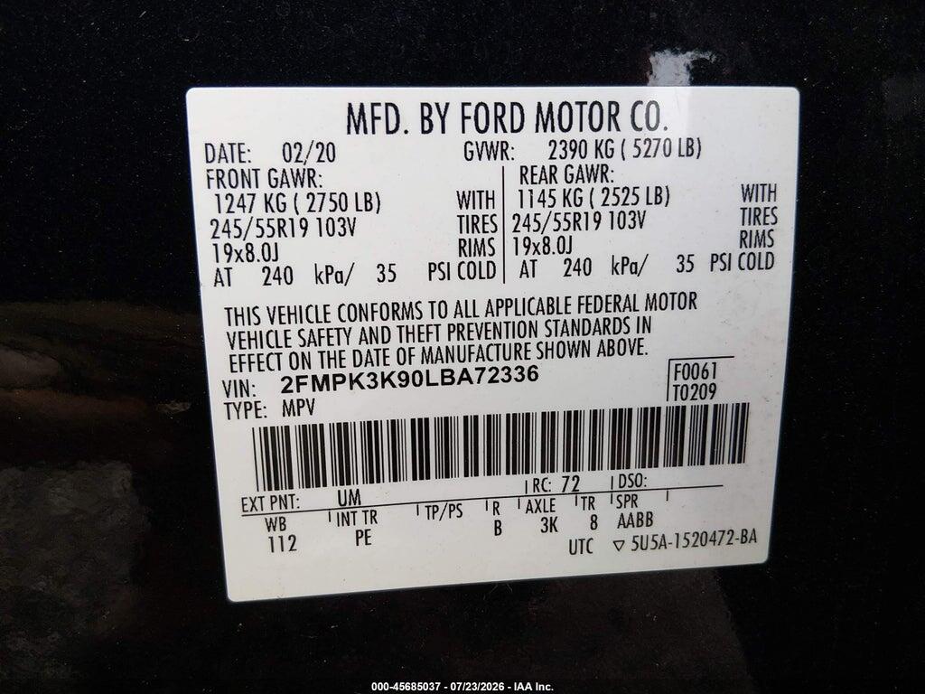 2FMPK3K90LBA72336 2020 FORD EDGE photo no. 9