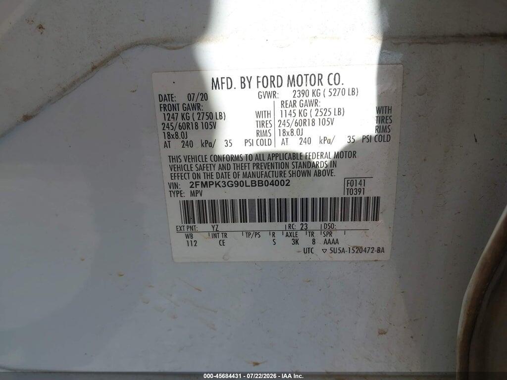 2FMPK3G90LBB04002 2020 FORD EDGE photo no. 9