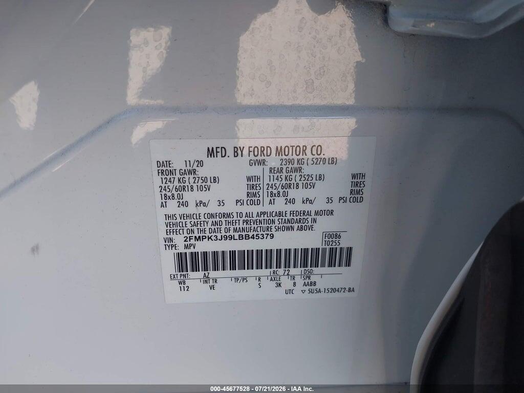 2FMPK3J99LBB45379 2020 FORD EDGE photo no. 9