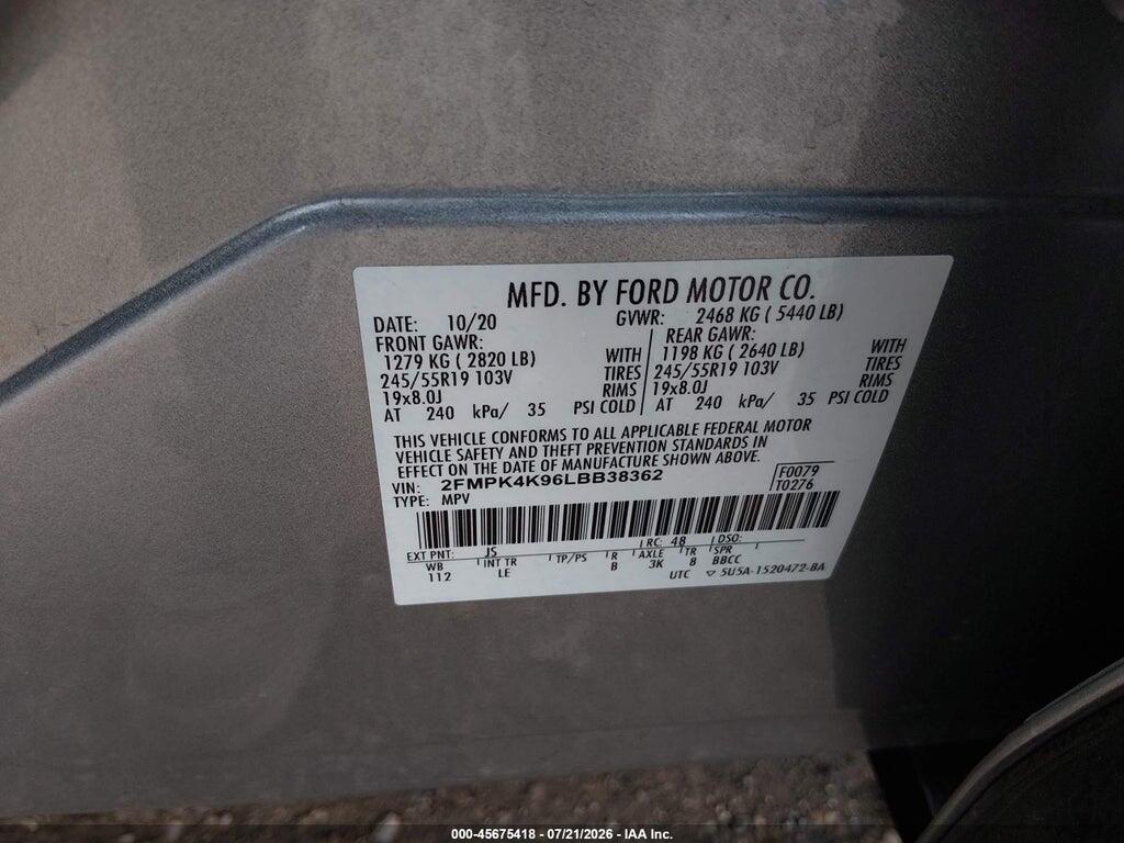 2FMPK4K96LBB38362 2020 FORD EDGE photo no. 9