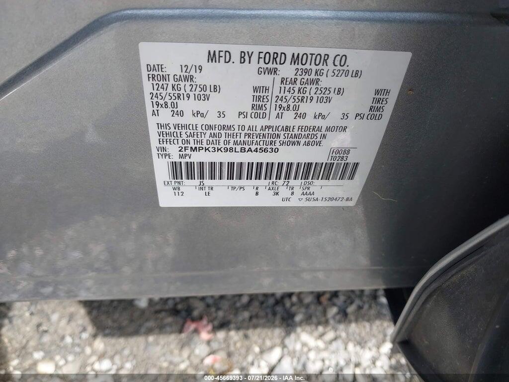 2FMPK3K98LBA45630 2020 FORD EDGE photo no. 9