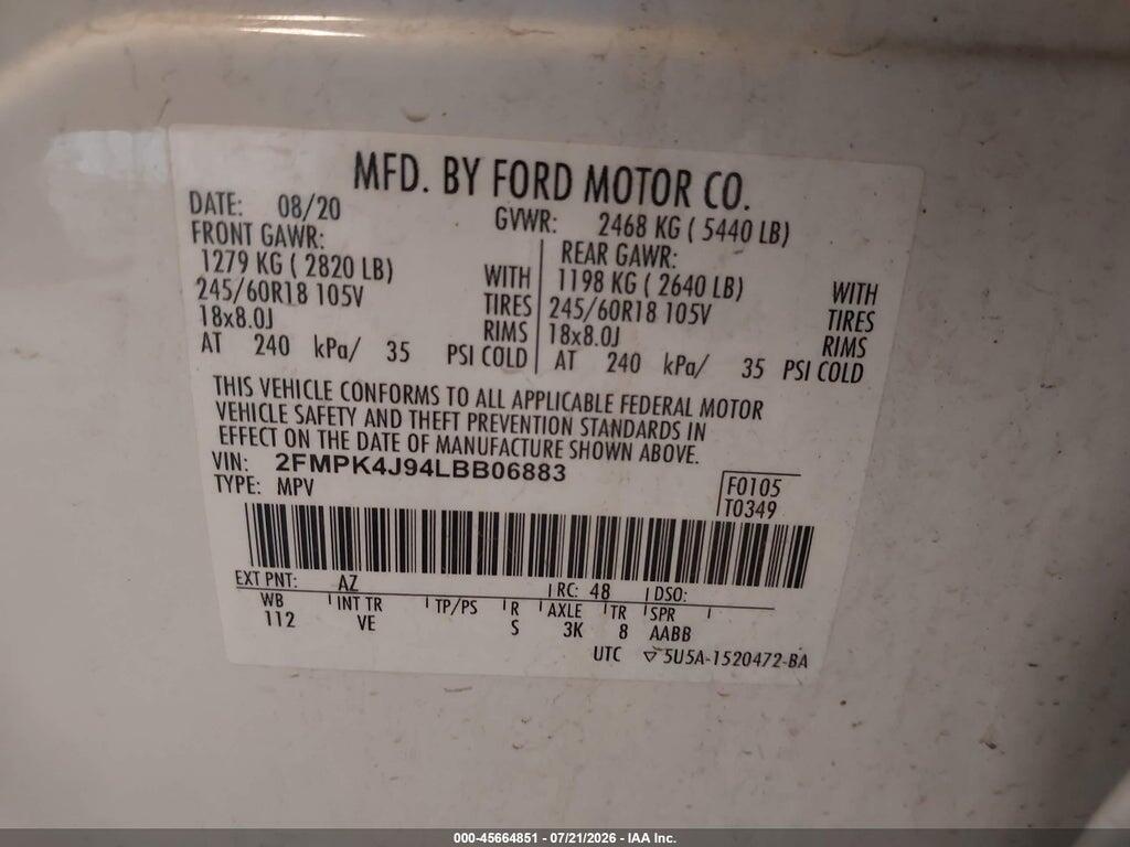 2FMPK4J94LBB06883 2020 FORD EDGE photo no. 9