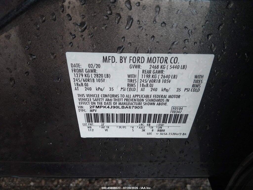 2FMPK4J90LBA67905 2020 FORD EDGE photo no. 9