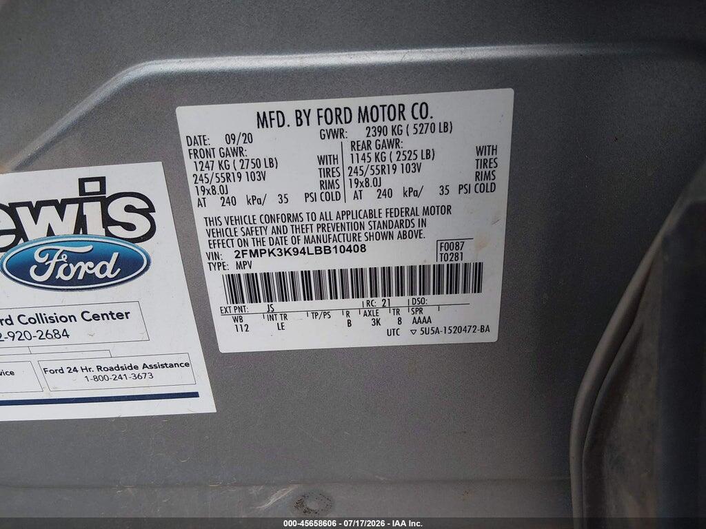 2FMPK3K94LBB10408 2020 FORD EDGE photo no. 9