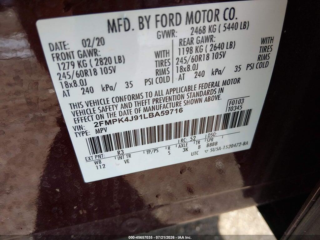 2FMPK4J91LBA59716 2020 FORD EDGE photo no. 9