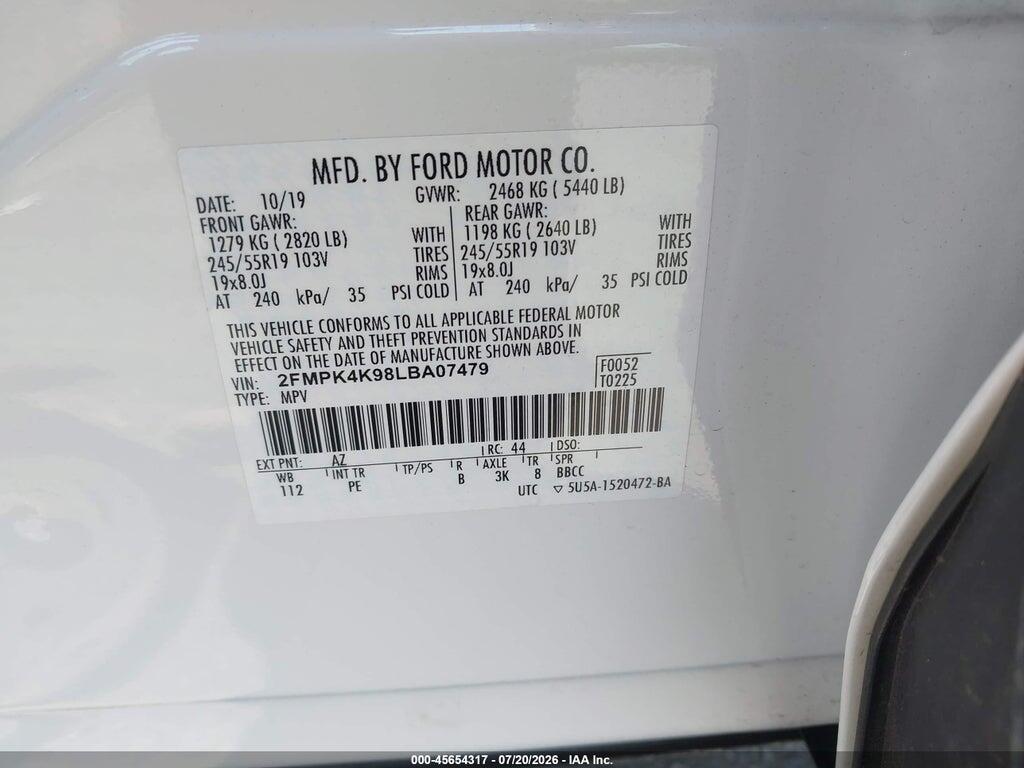 2FMPK4K98LBA07479 2020 FORD EDGE photo no. 9