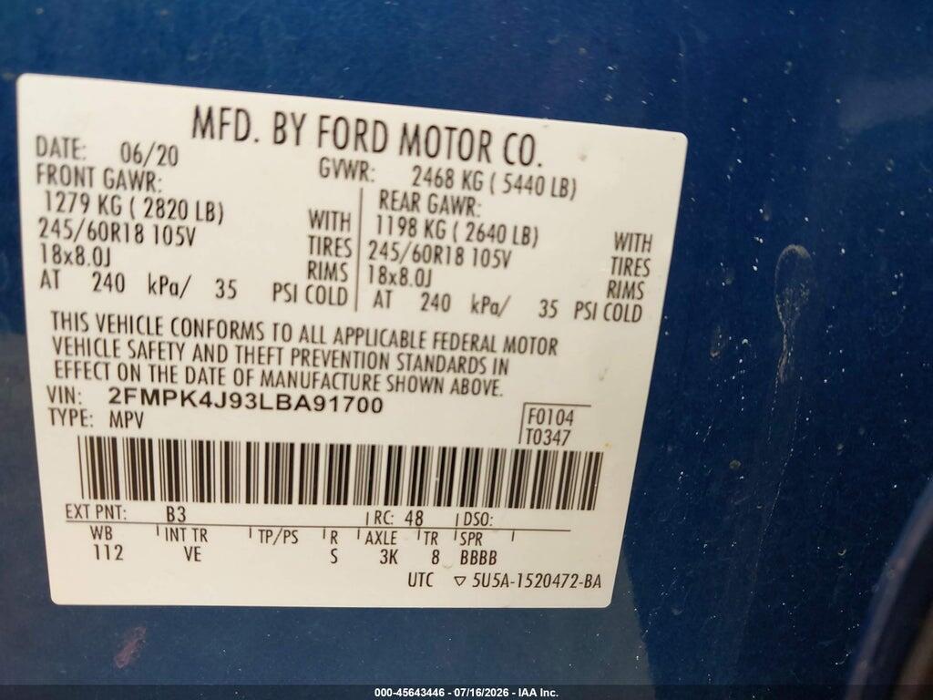 2FMPK4J93LBA91700 2020 FORD EDGE photo no. 9
