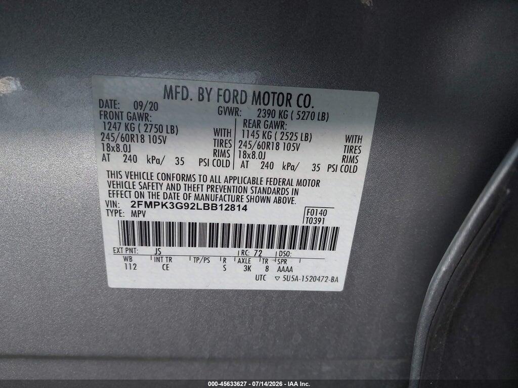 2FMPK3G92LBB12814 2020 FORD EDGE photo no. 9