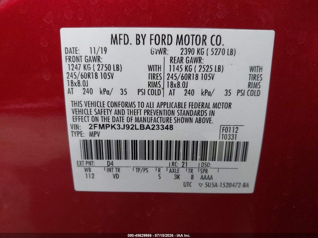 2FMPK3J92LBA23348 2020 FORD EDGE photo no. 9