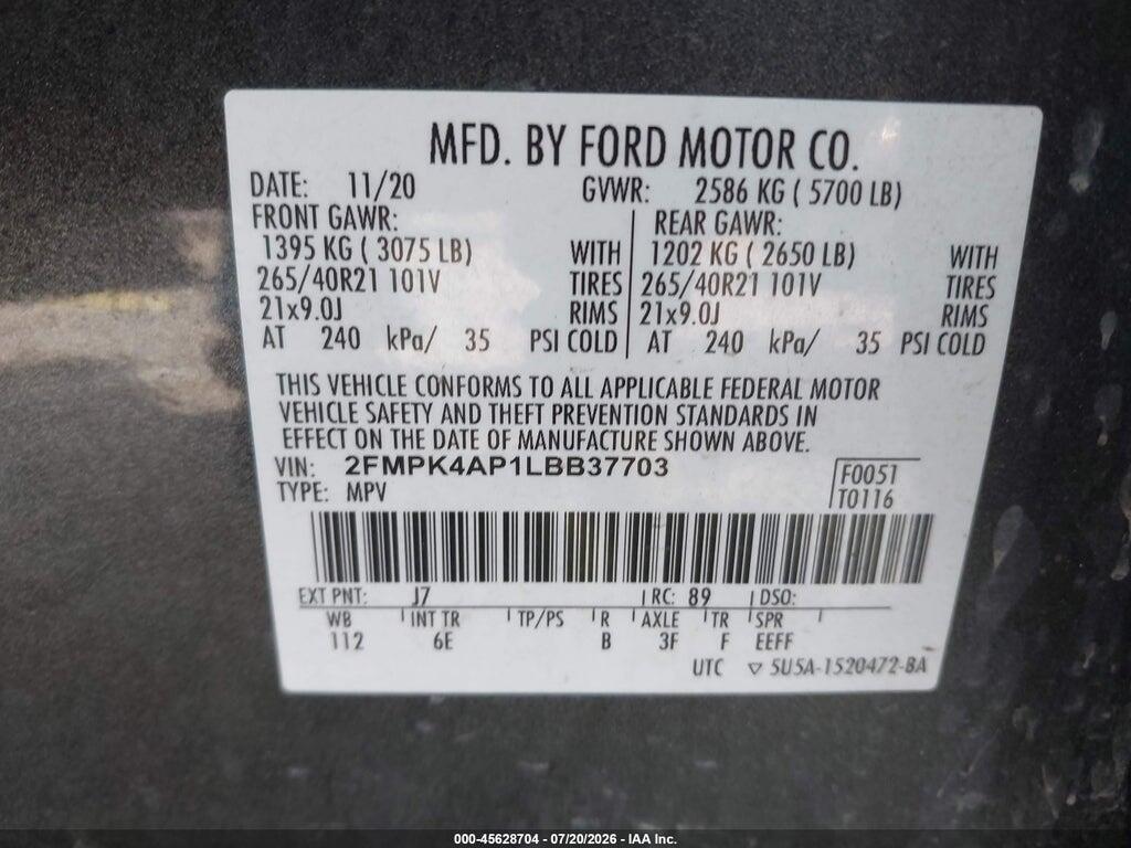 2FMPK4AP1LBB37703 2020 FORD EDGE photo no. 9