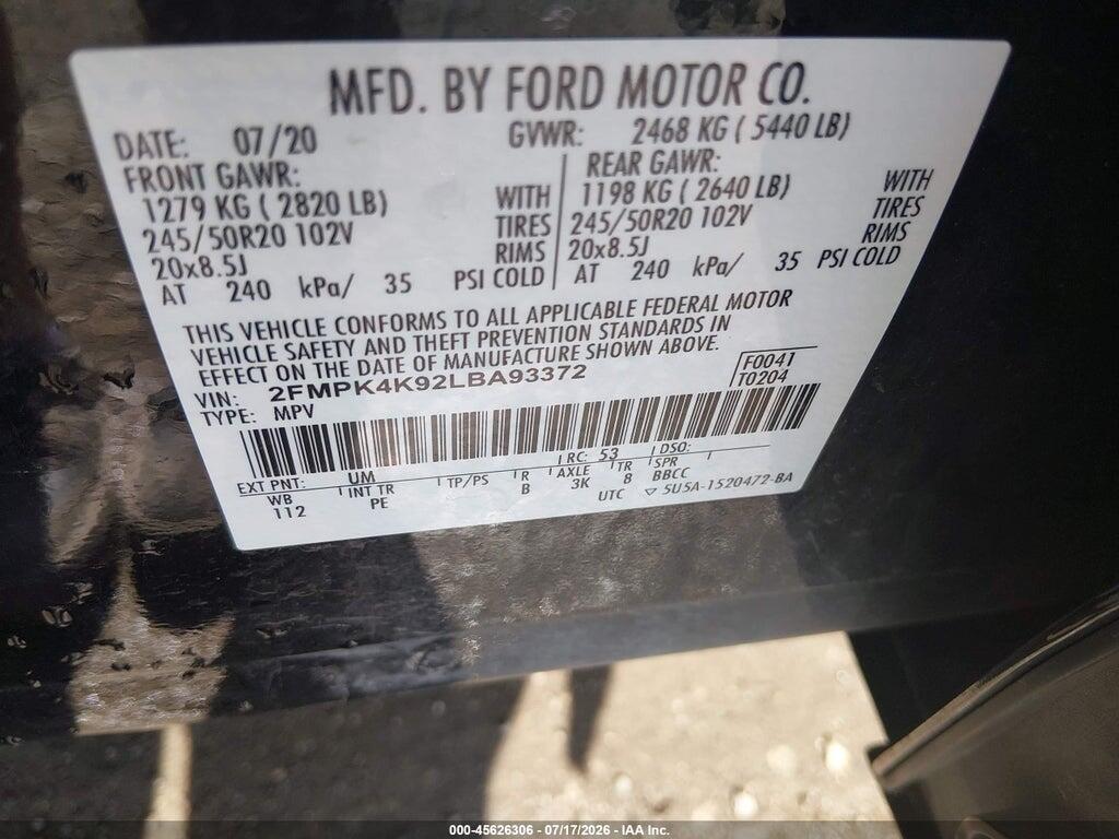 2FMPK4K92LBA93372 2020 FORD EDGE photo no. 9