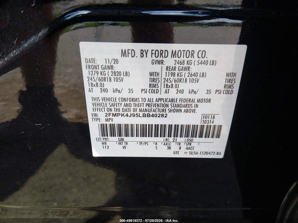 2FMPK4J95LBB40282 2020 FORD EDGE photo no. 9