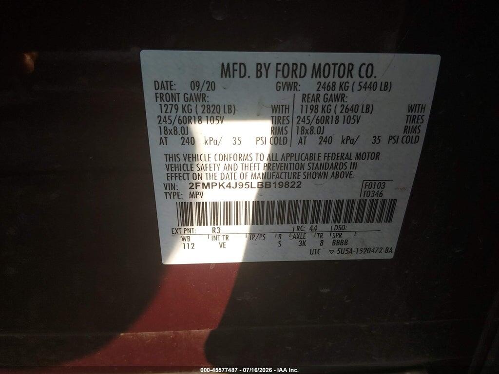 2FMPK4J95LBB19822 2020 FORD EDGE photo no. 9