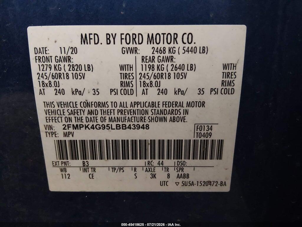 2FMPK4G95LBB43948 2020 FORD EDGE photo no. 9