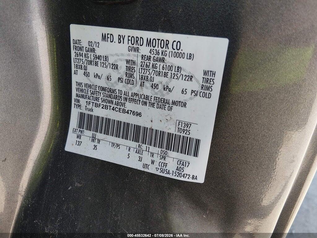 1FTBF2BT4CEB47696 2012 FORD SUPER DUTY F-250 SRW photo no. 9