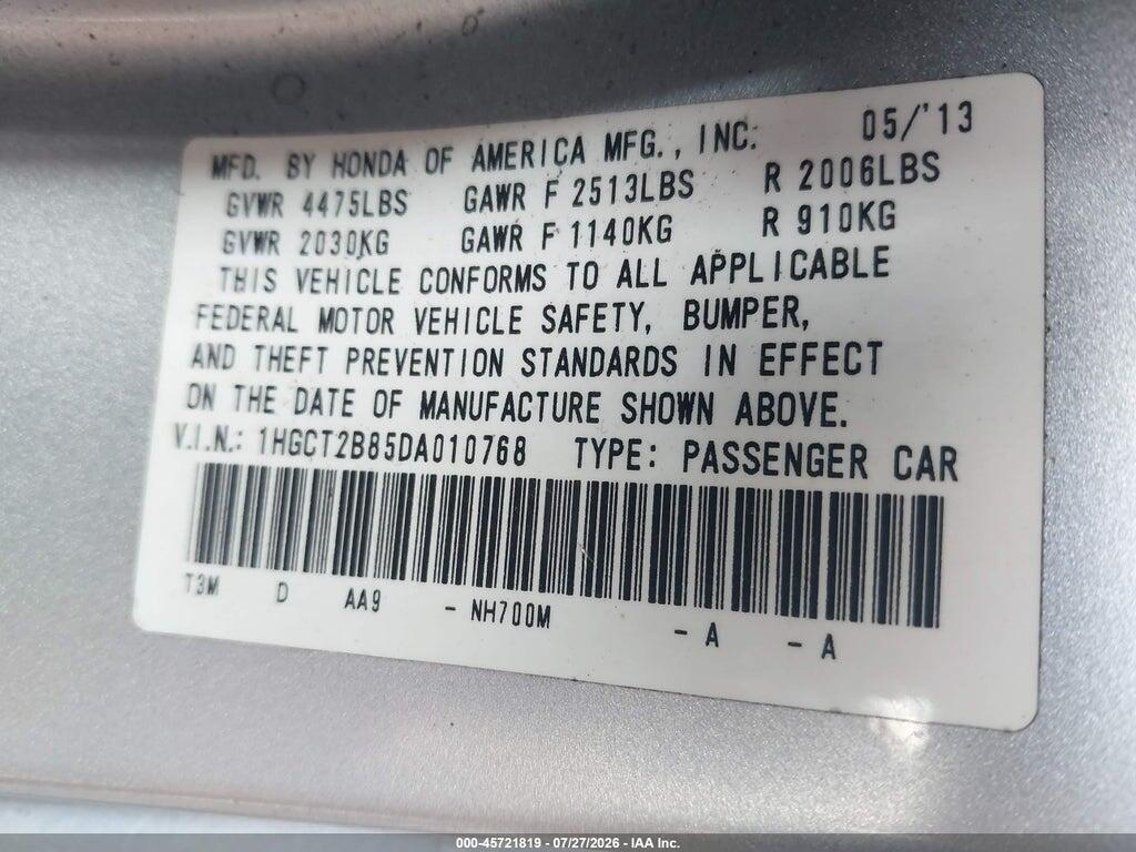 1HGCT2B85DA010768 2013 HONDA ACCORD photo no. 9