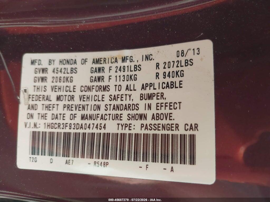1HGCR3F93DA047454 2013 HONDA ACCORD photo no. 9