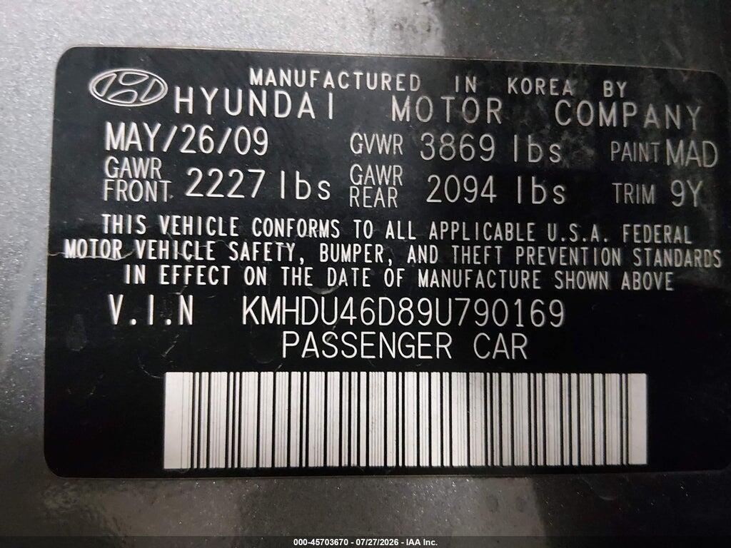 KMHDU46D89U790169 2009 HYUNDAI ELANTRA photo no. 9