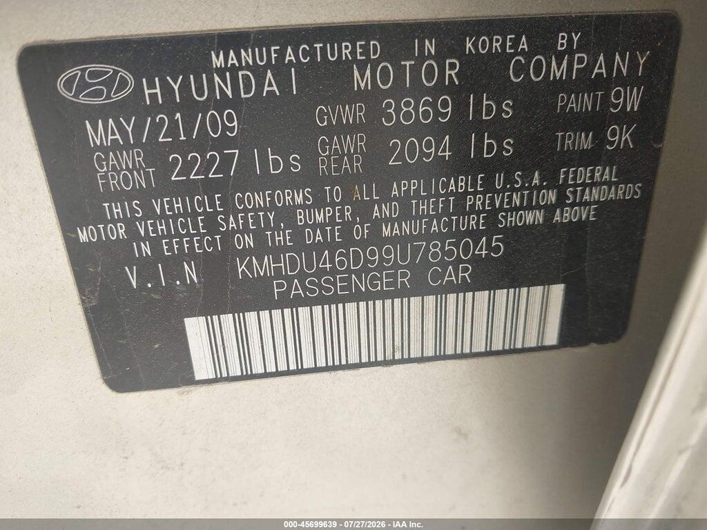 KMHDU46D99U785045 2009 HYUNDAI ELANTRA photo no. 9
