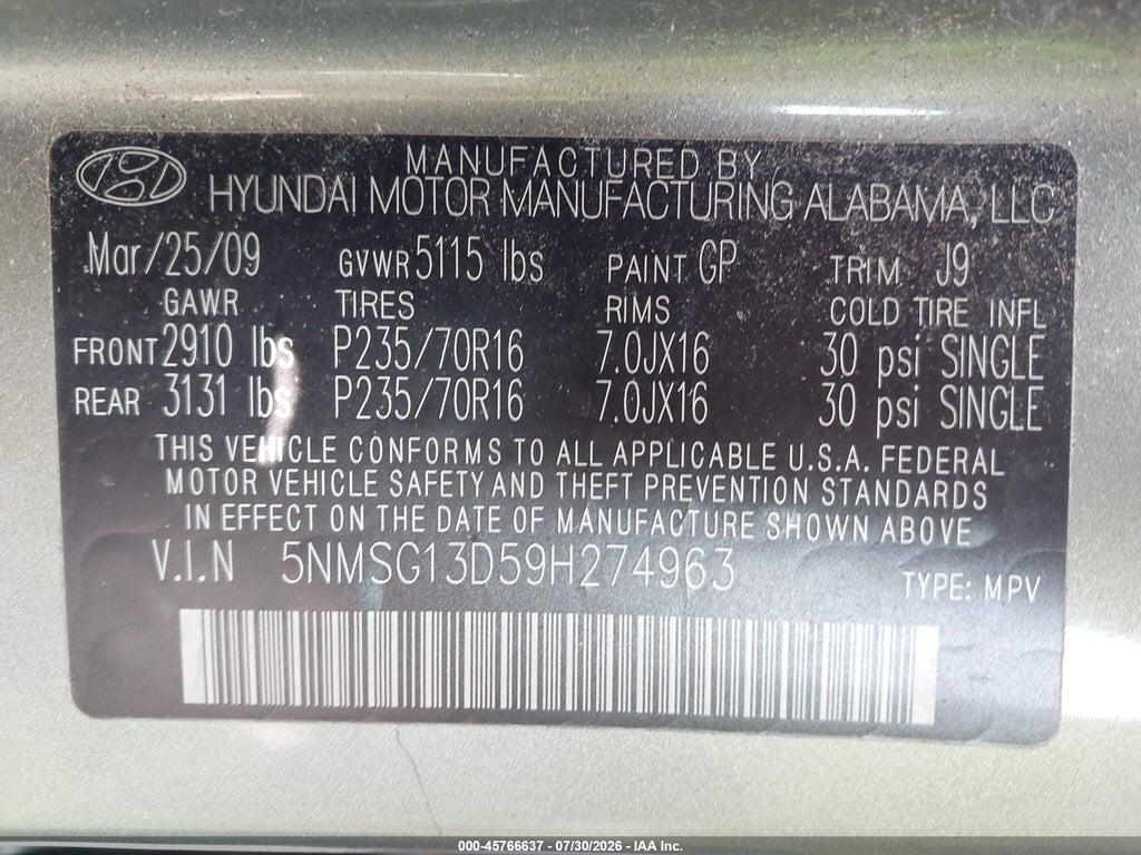 5NMSG13D59H274963 2009 HYUNDAI SANTA FE photo no. 9