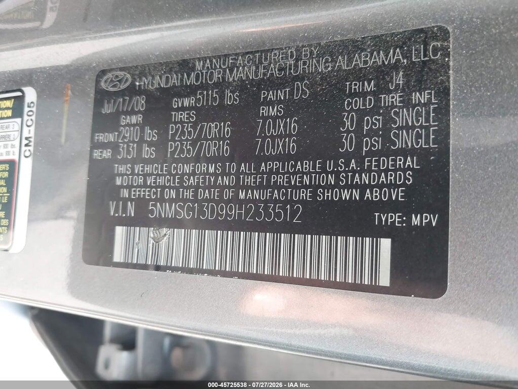 5NMSG13D99H233512 2009 HYUNDAI SANTA FE photo no. 9