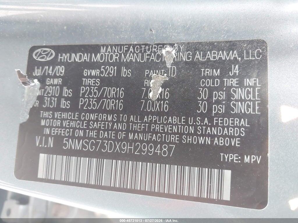 5NMSG73DX9H299487 2009 HYUNDAI SANTA FE photo no. 9