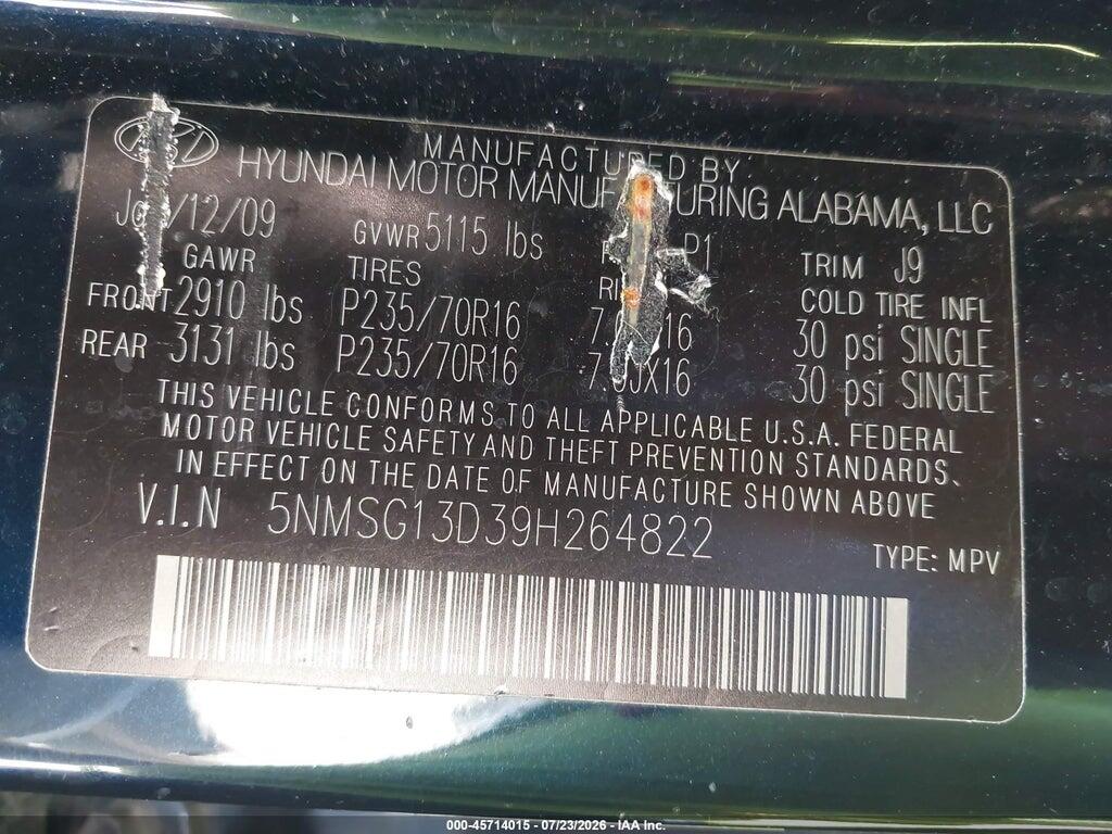 5NMSG13D39H264822 2009 HYUNDAI SANTA FE photo no. 9