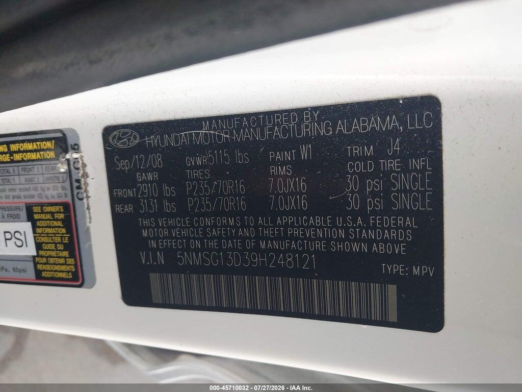 5NMSG13D39H248121 2009 HYUNDAI SANTA FE photo no. 9