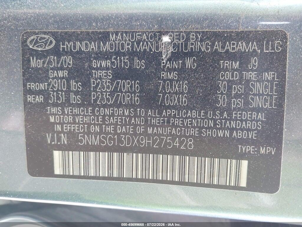 5NMSG13DX9H275428 2009 HYUNDAI SANTA FE photo no. 9