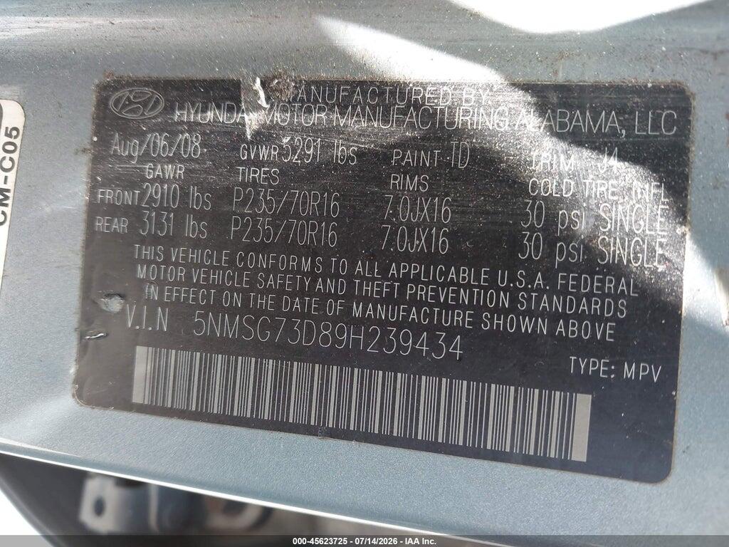 5NMSG73D89H239434 2009 HYUNDAI SANTA FE photo no. 9