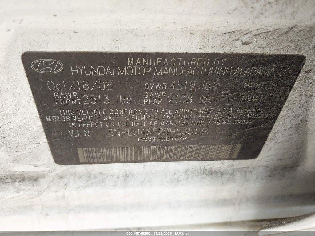 5NPEU46F29H535134 2009 HYUNDAI SONATA photo no. 9