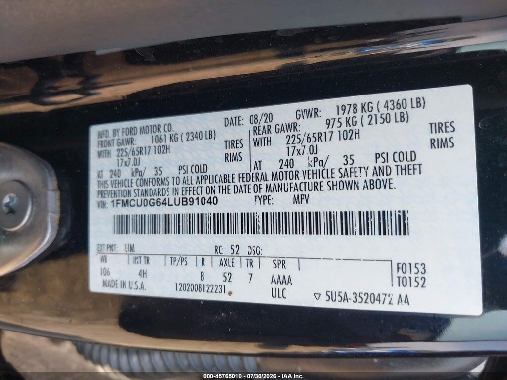1FMCU0G64LUB91040 2020 FORD ESCAPE photo no. 9