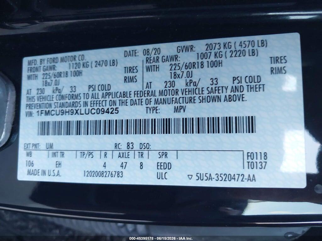1FMCU9H9XLUC09425 2020 FORD ESCAPE photo no. 9