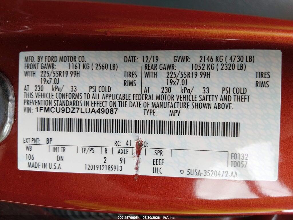 1FMCU9DZ7LUA49087 2020 FORD ESCAPE photo no. 9
