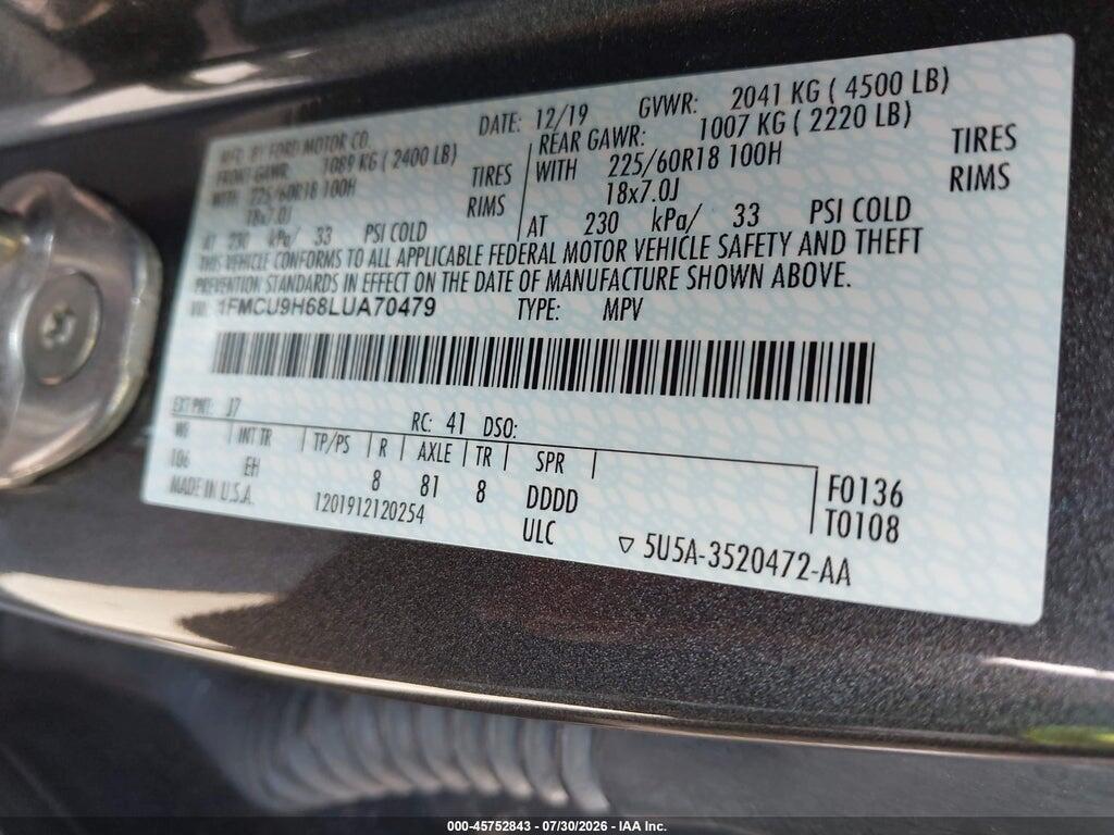 1FMCU9H68LUA70479 2020 FORD ESCAPE photo no. 9
