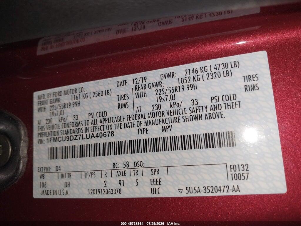 1FMCU9DZ7LUA40678 2020 FORD ESCAPE photo no. 9